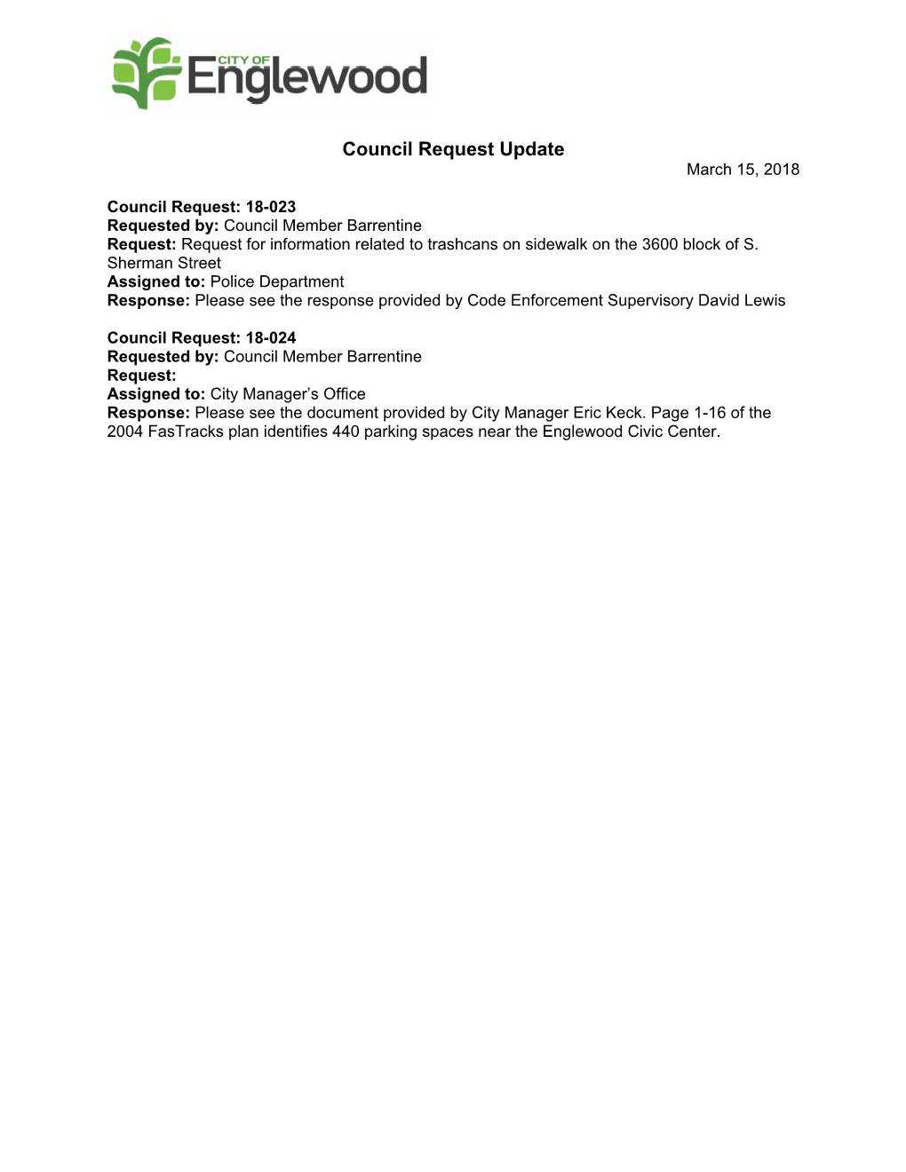 Council Request Update March 15, 2018