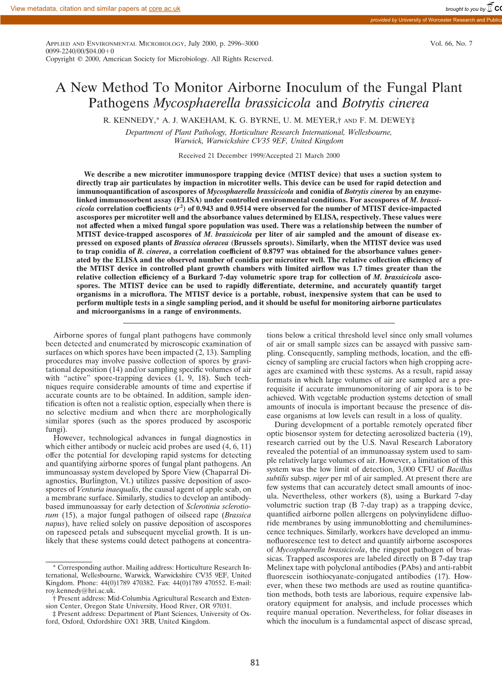 A New Method to Monitor Airborne Inoculum of the Fungal Plant Pathogens Mycosphaerella Brassicicola and Botrytis Cinerea