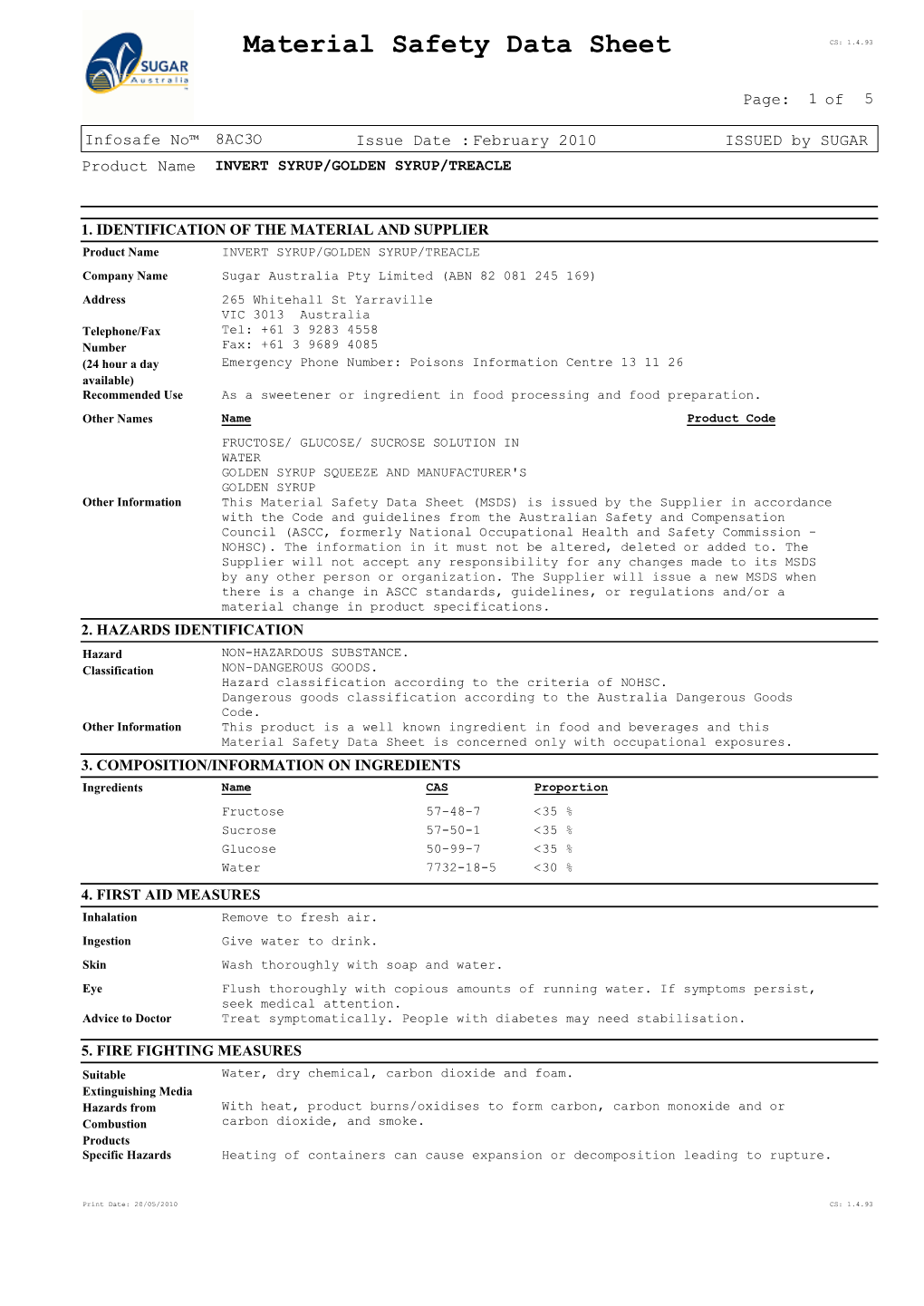 Material Safety Data Sheet CS: 1.4.93