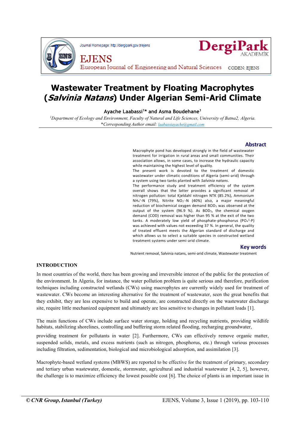 Wastewater Treatment by Floating Macrophytes (Salvinia Natans) Under Algerian Semi-Arid Climate