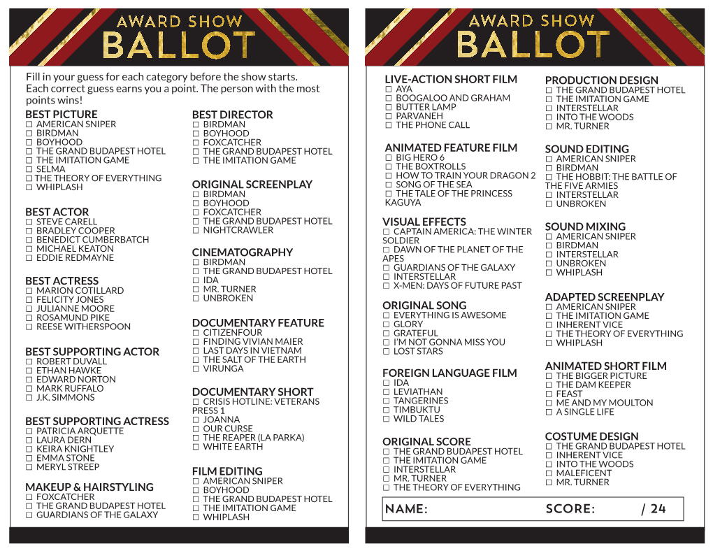 2015 Awards Show Ballots