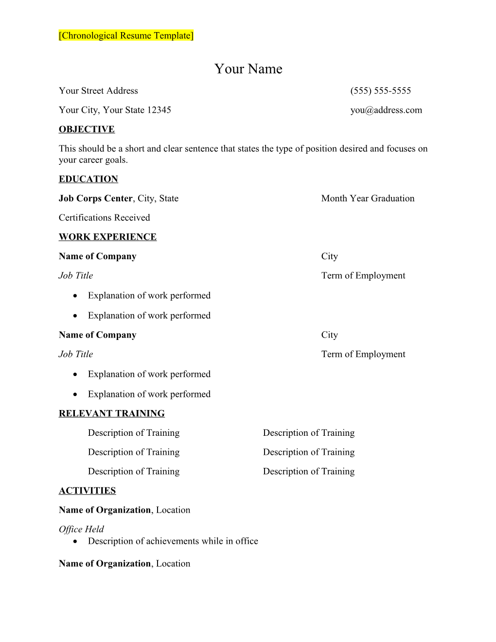 Chronological Resume Template s1