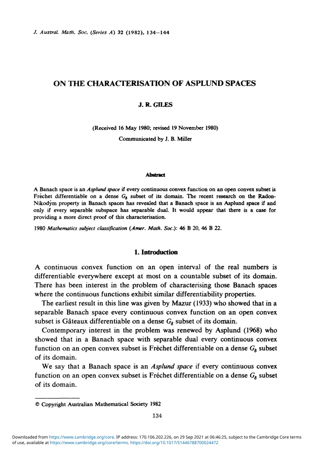 On the Characterisation of Asplund Spaces
