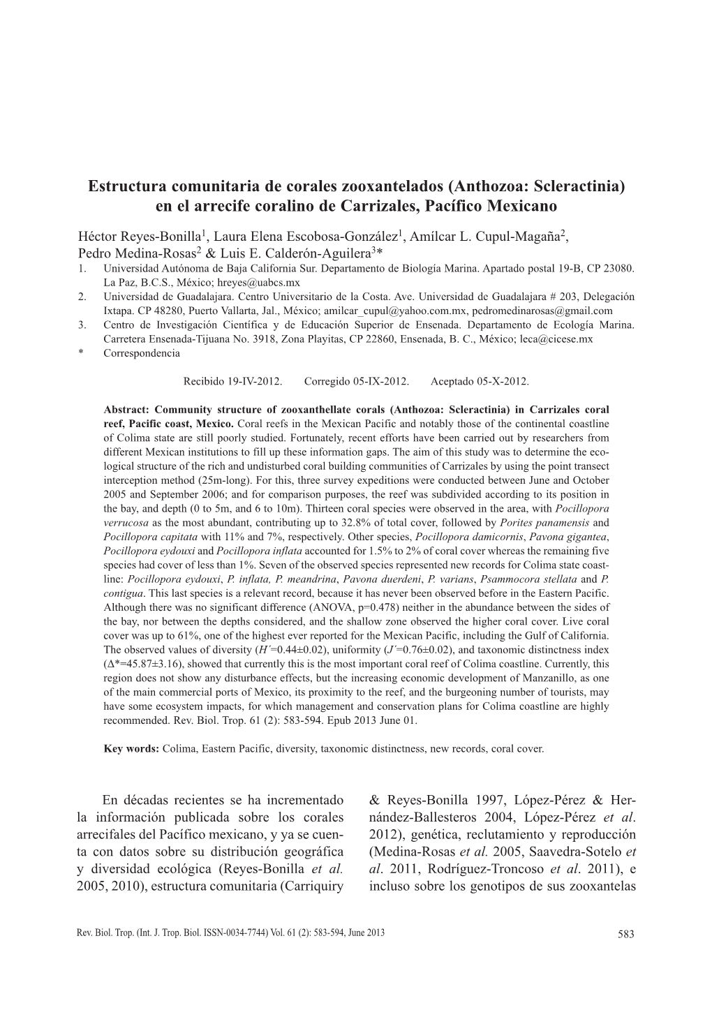 Anthozoa: Scleractinia) En El Arrecife Coralino De Carrizales, Pacífico Mexicano