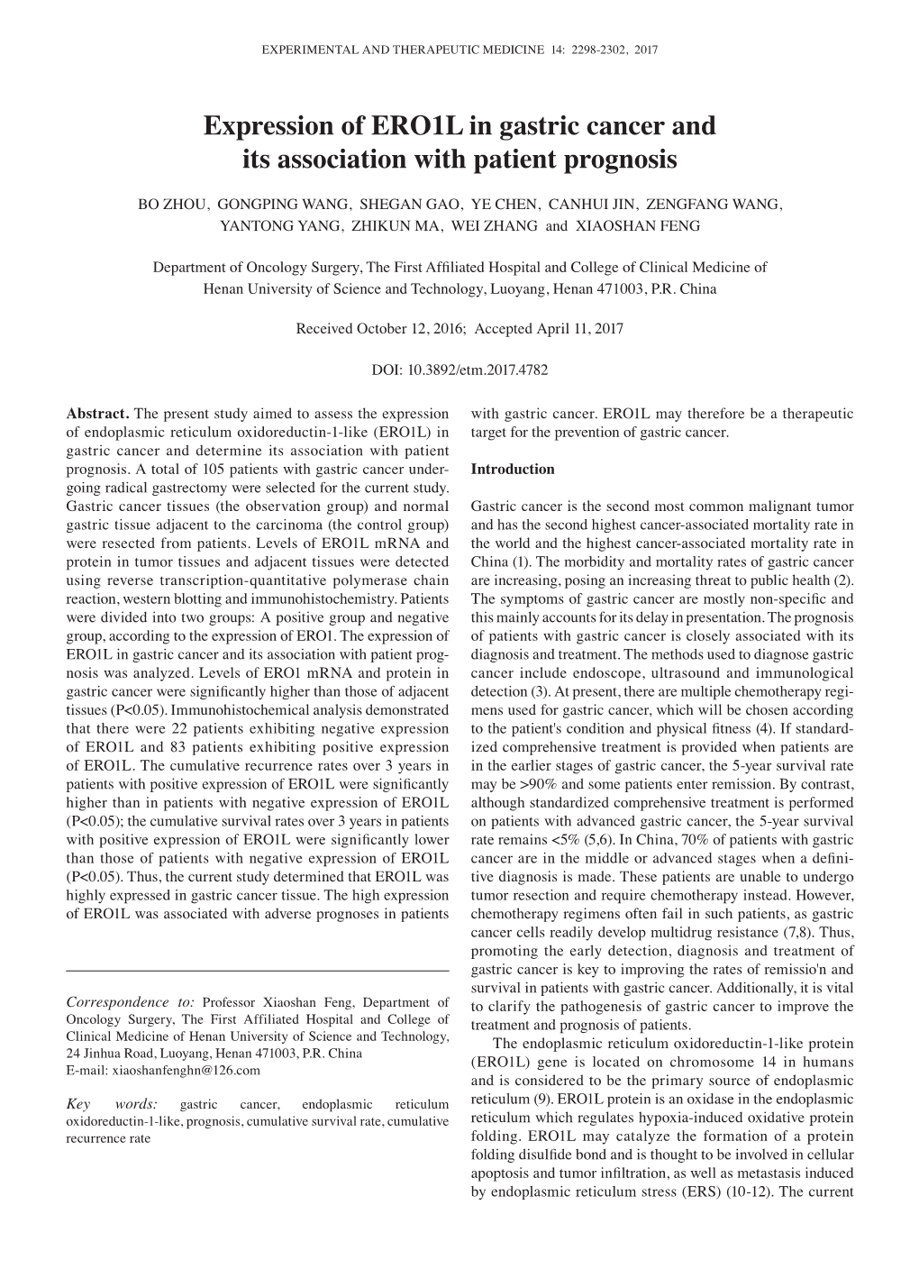 Expression of ERO1L in Gastric Cancer and Its Association with Patient Prognosis