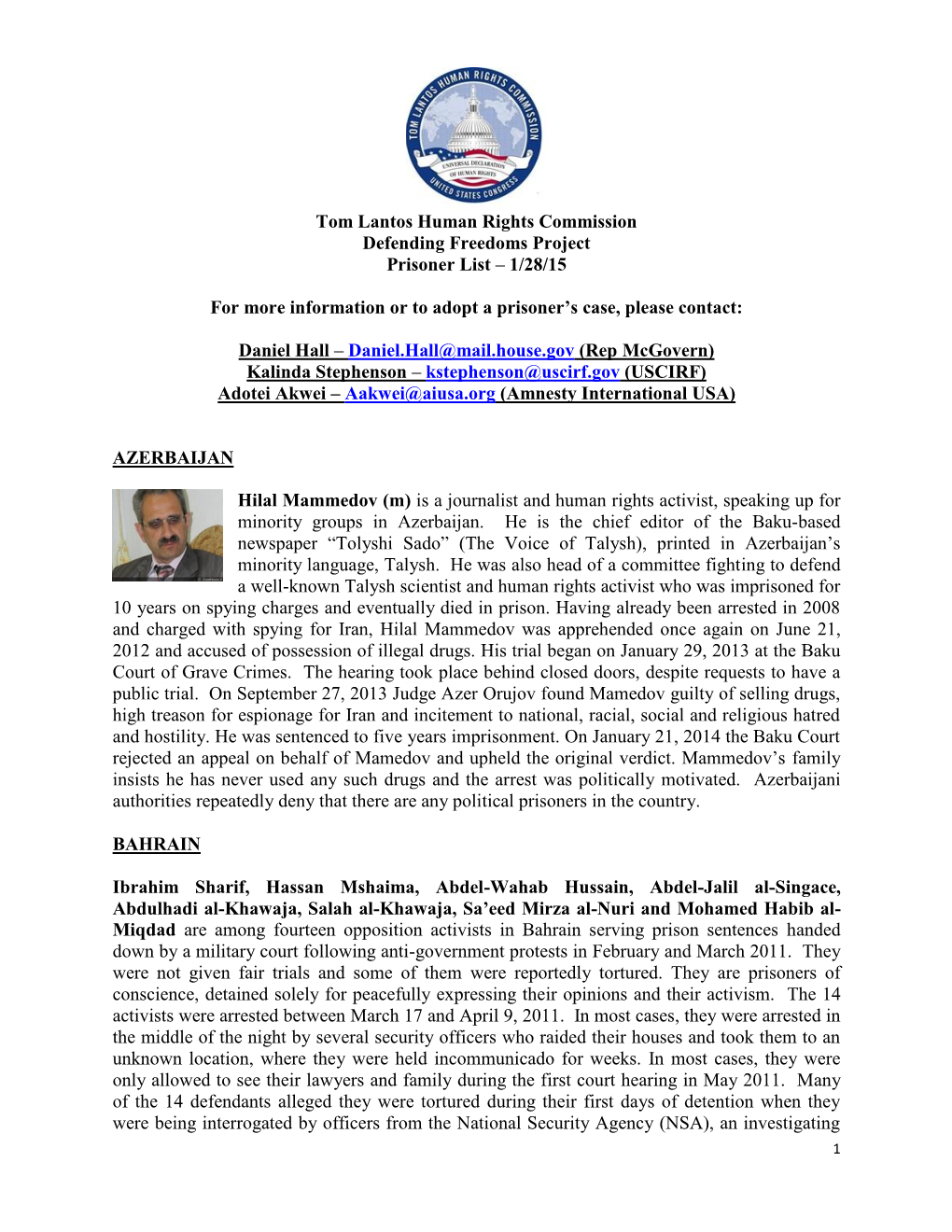 Tom Lantos Human Rights Commission Defending Freedoms Project Prisoner List – 1/28/15