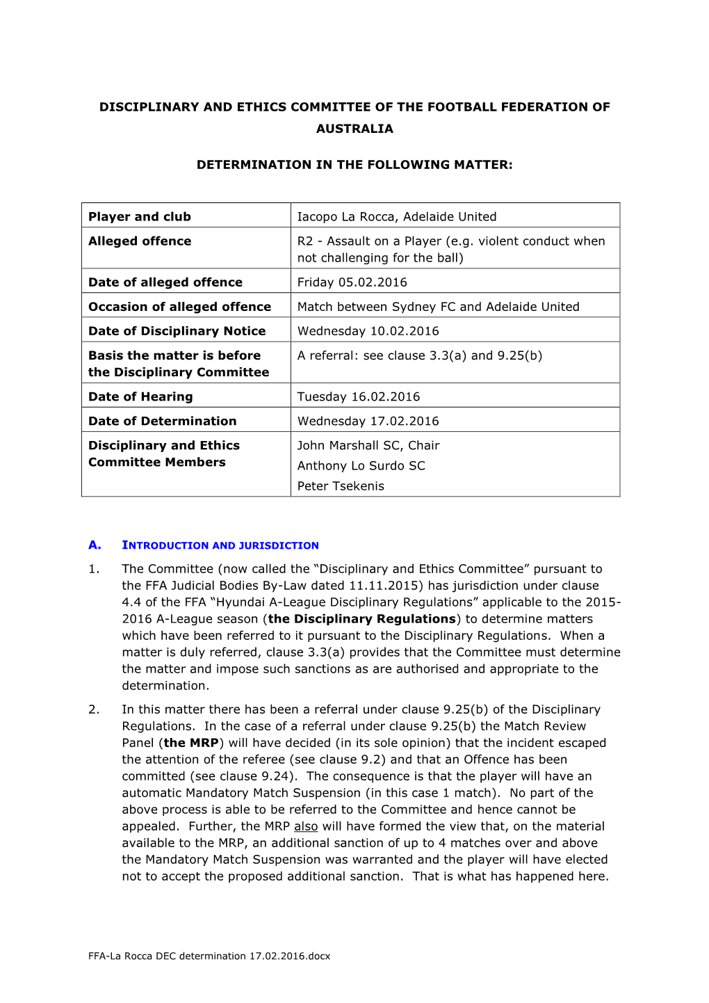 Disciplinary and Ethics Committee of the Football Federation of Australia