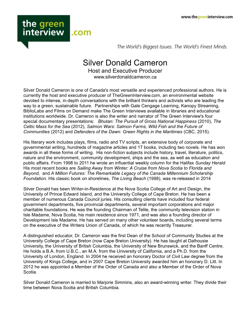 Silver Donald Cameron: the Green Interview