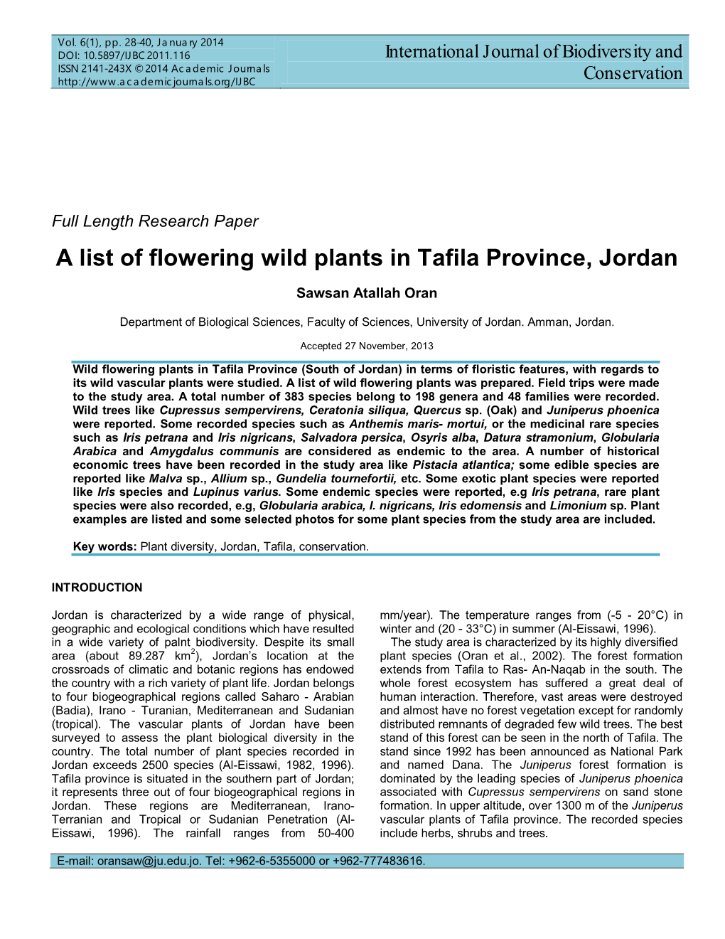 A List of Flowering Wild Plants in Tafila Province, Jordan