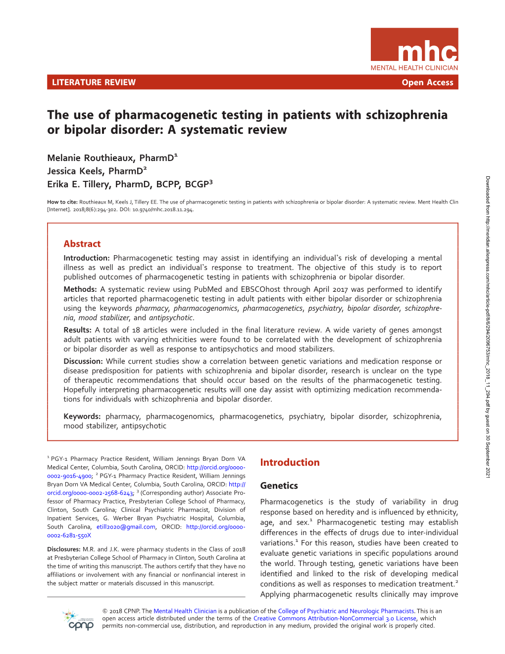 The Use of Pharmacogenetic Testing in Patients with Schizophrenia Or Bipolar Disorder: a Systematic Review