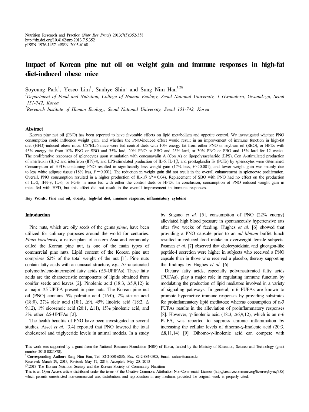 Impact of Korean Pine Nut Oil on Weight Gain and Immune Responses in High-Fat Diet-Induced Obese Mice