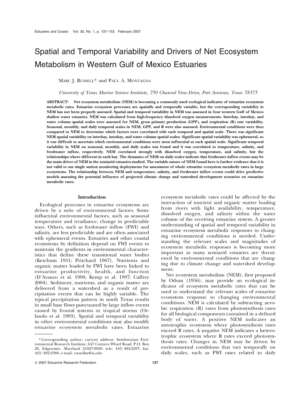 Spatial and Temporal Variability and Drivers of Net Ecosystem Metabolism in Western Gulf of Mexico Estuaries