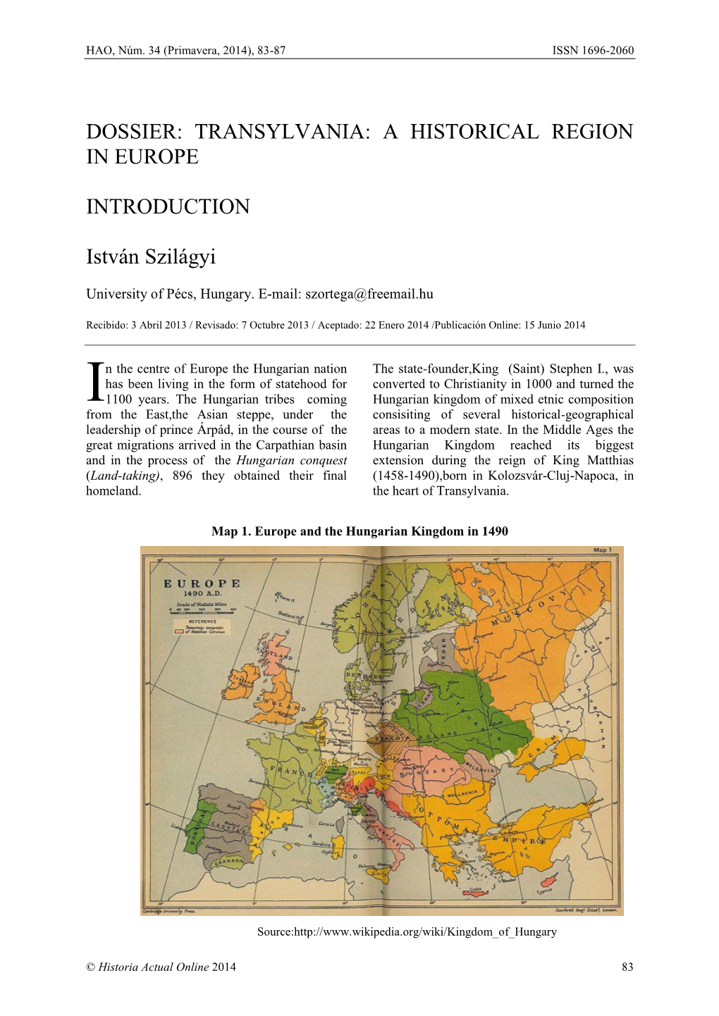 Introducción Al Dossier: Transylnavia a Historical Region in Europe