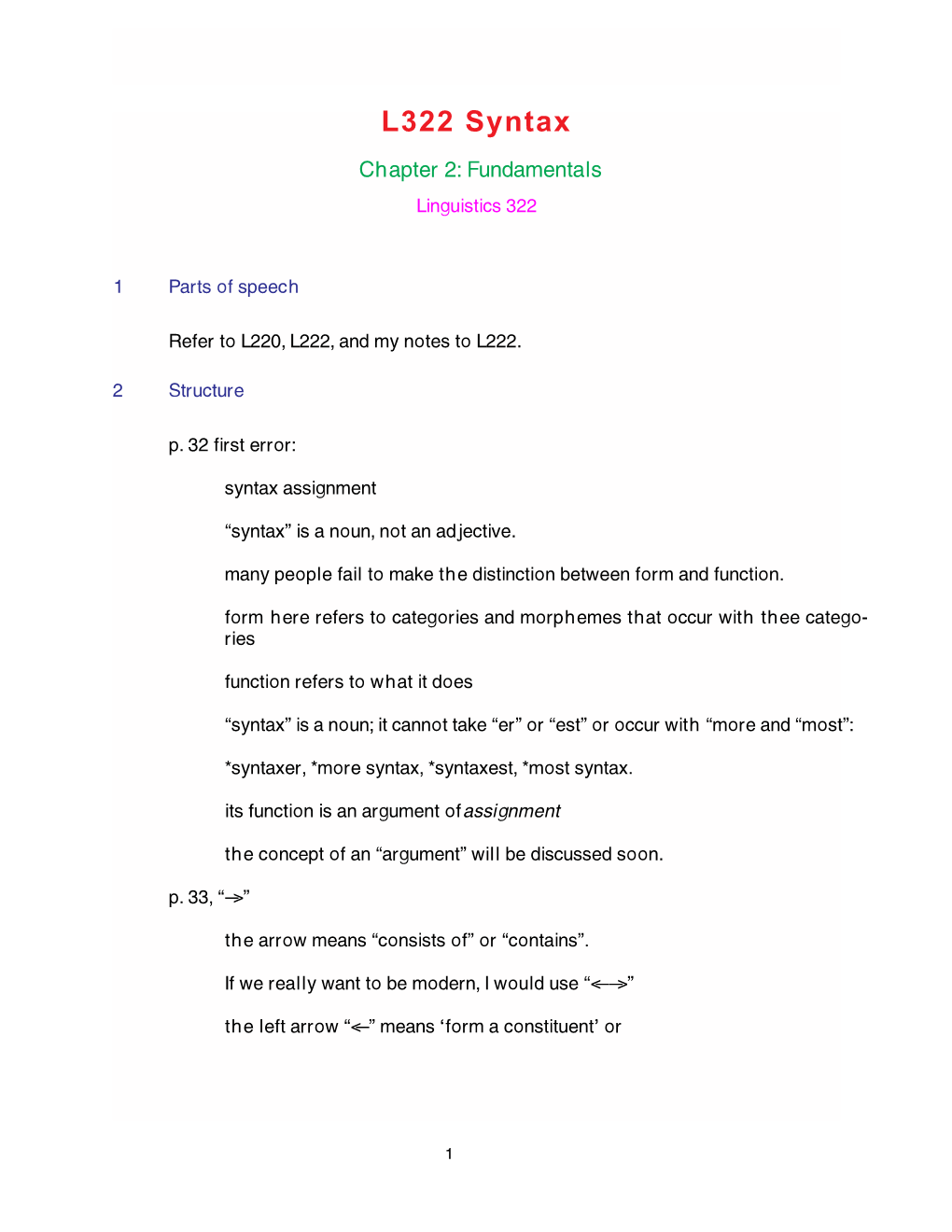 L322 Syntax Chapter 2: Fundamentals Linguistics 322