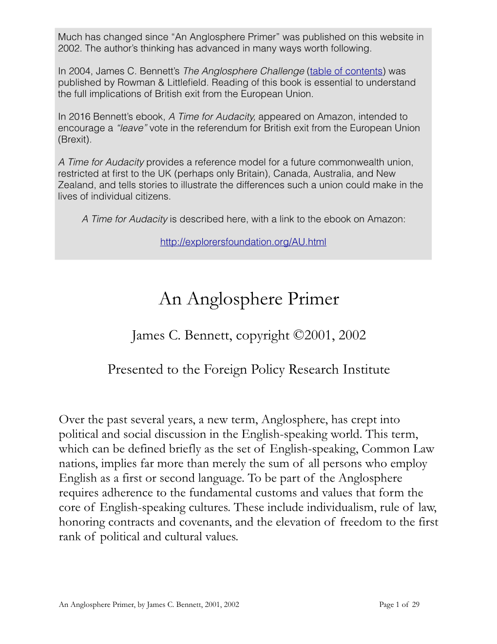 An Anglosphere Primer” Was Published on This Website in 2002