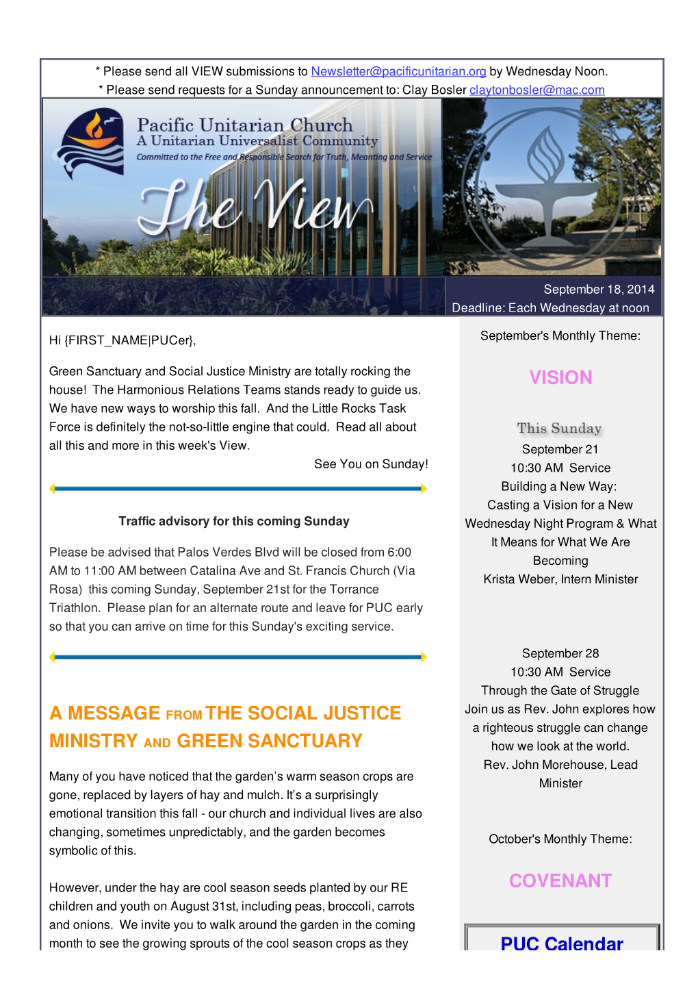 The View Social Justice Ministry Via US Postal Service, a Full Green Sanctuary Month Calendar Paper Copy Will