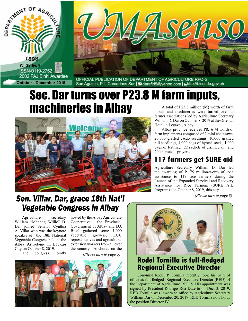 Sec. Dar Turns Over P23.8 M Farm Inputs, Machineries in Albay