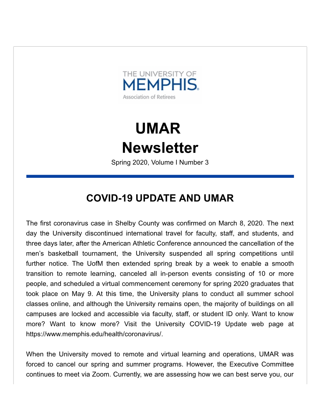 UMAR Newsletter Spring 2020, Volume I Number 3