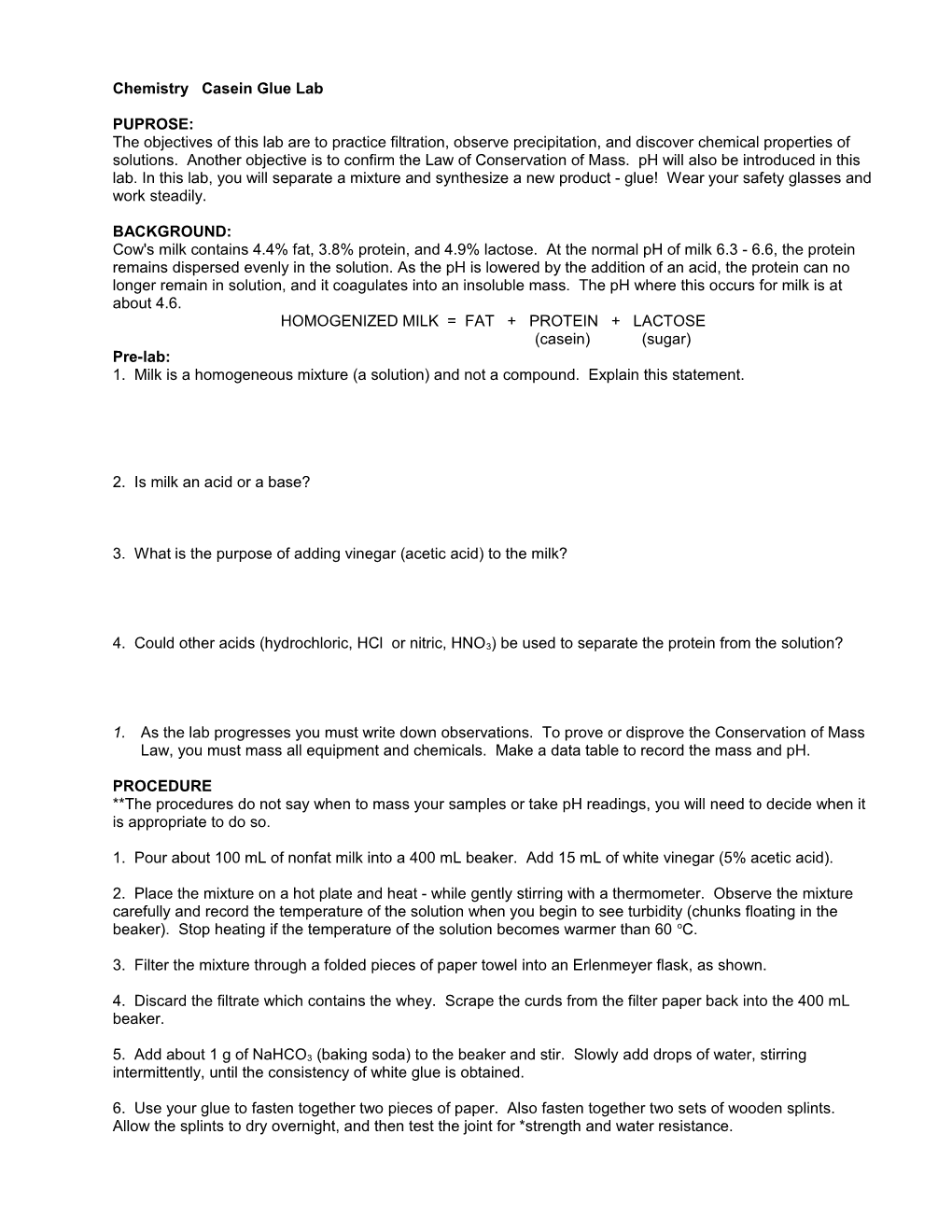 Chemistry Casein Glue Lab