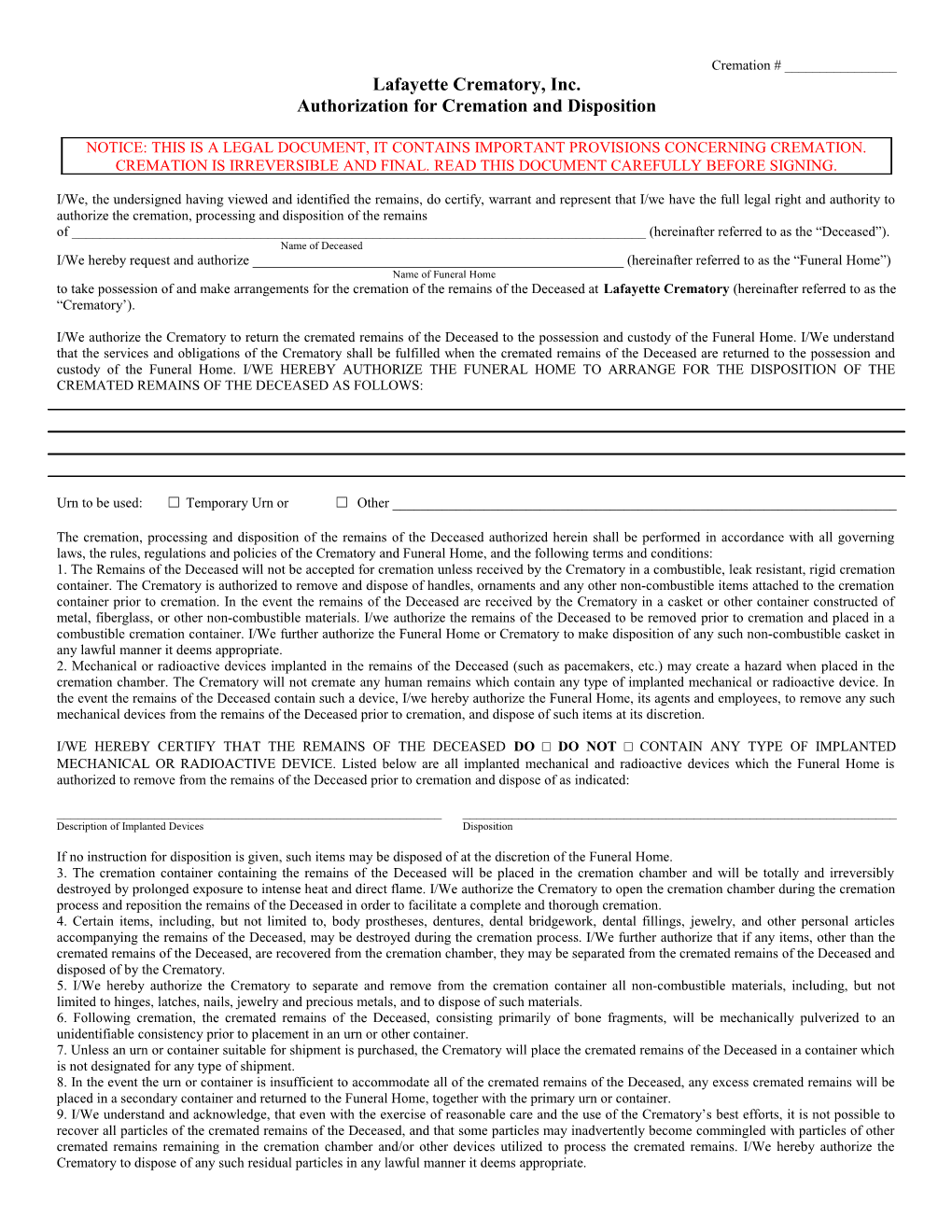 Authorization for Cremation and Disposition