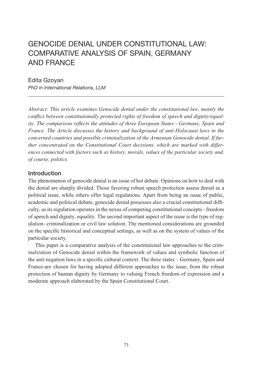 Genocide Denial Under Constitutional Law: Comparative Analysis of Spain, Germany and France