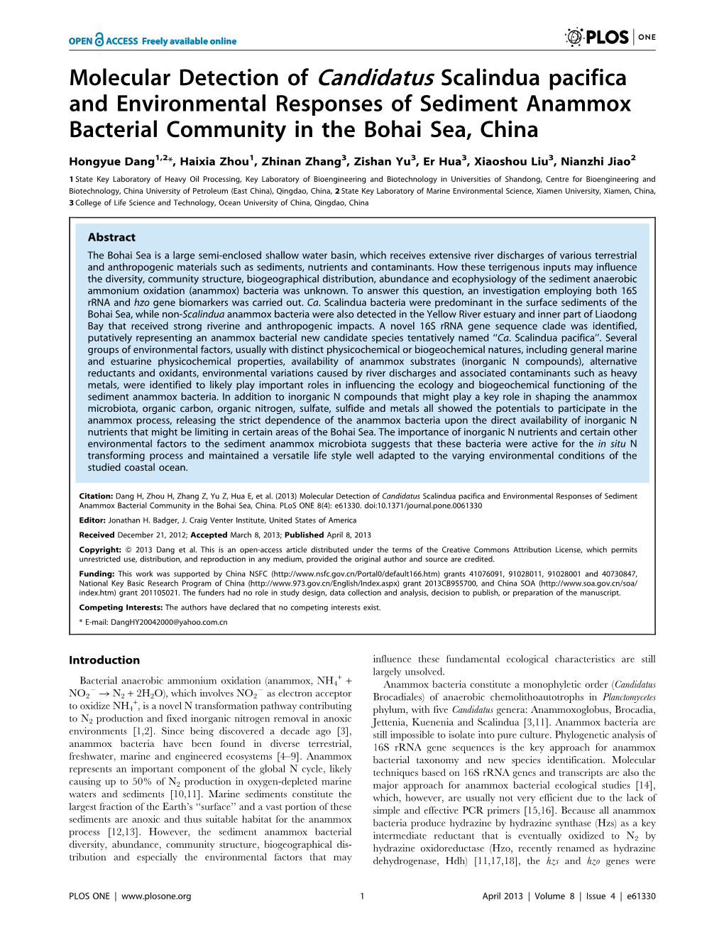 Molecular Detection of Candidatus Scalindua Pacifica and Environmental Responses of Sediment Anammox Bacterial Community in the Bohai Sea, China