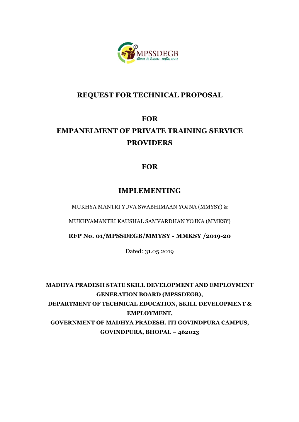 Request for Technical Proposal for Empanelment of Private Training Service Providers for Implementing