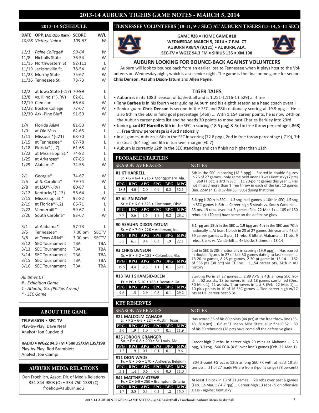2013-14 Auburn Tigers Game Notes - March 5, 2014