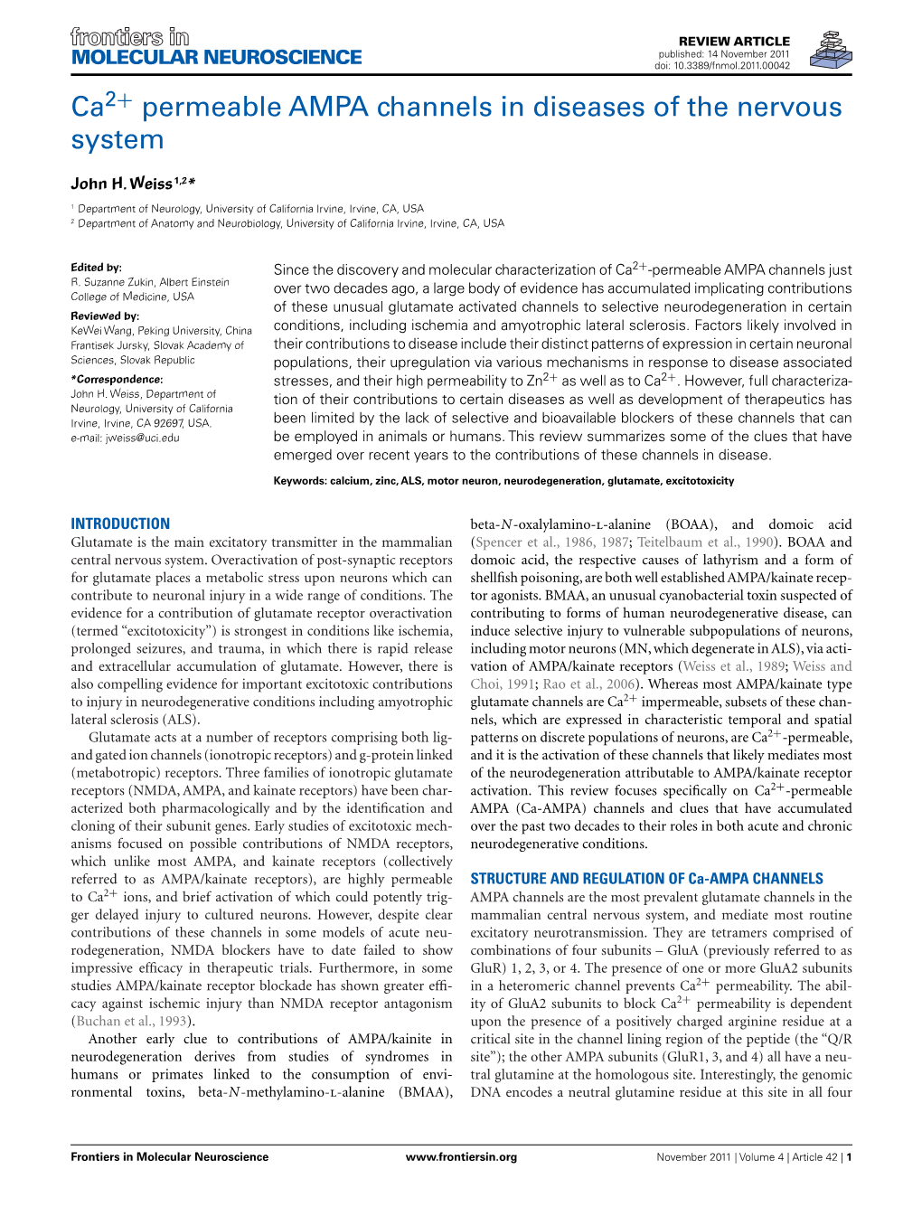 Ca2+ Permeable AMPA Channels in Diseases of the Nervous System