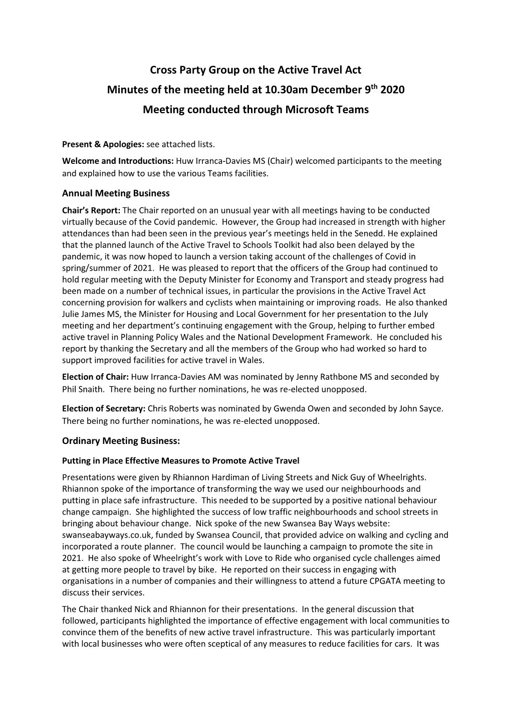 Cross Party Group on the Active Travel Act Minutes of the Meeting Held at 10.30Am December 9Th 2020 Meeting Conducted Through Microsoft Teams