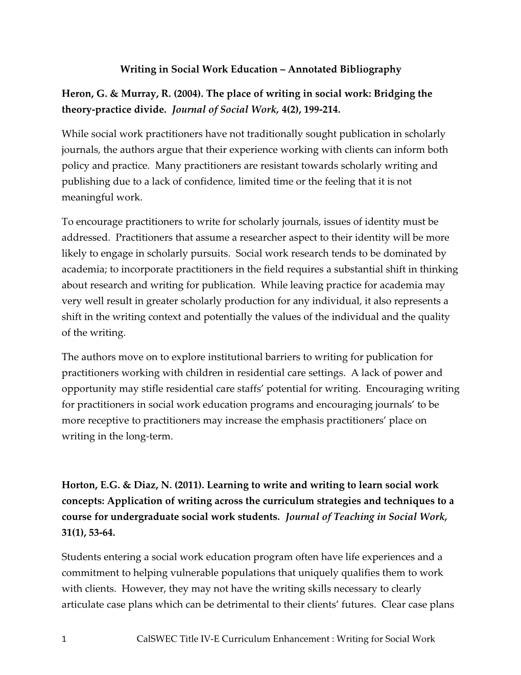 Writing in Social Work Education Annotated Bibliography