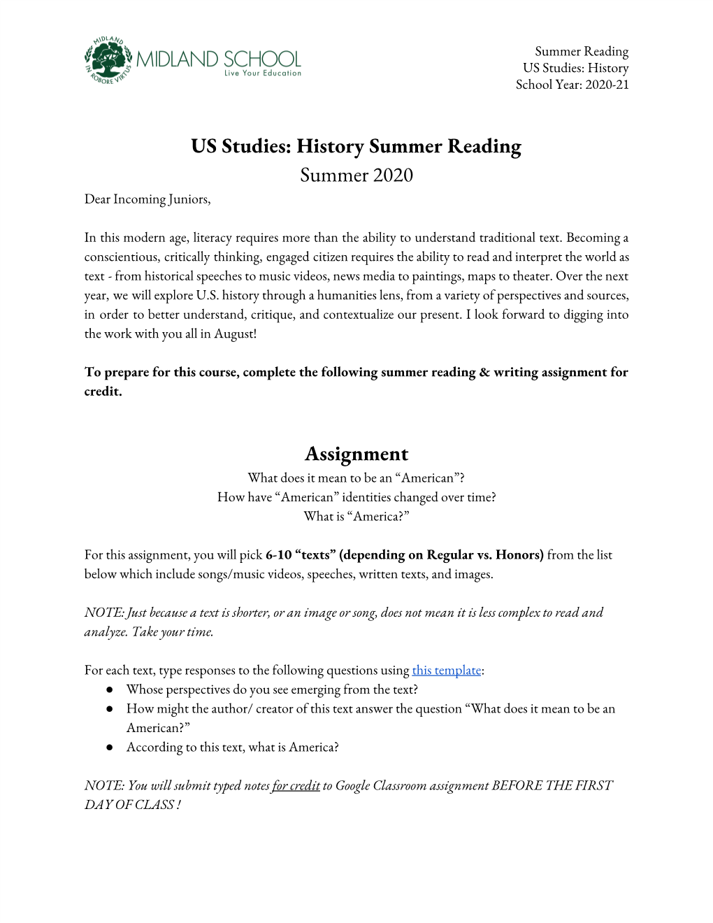 History Summer Reading Summer 2020 Dear Incoming Juniors