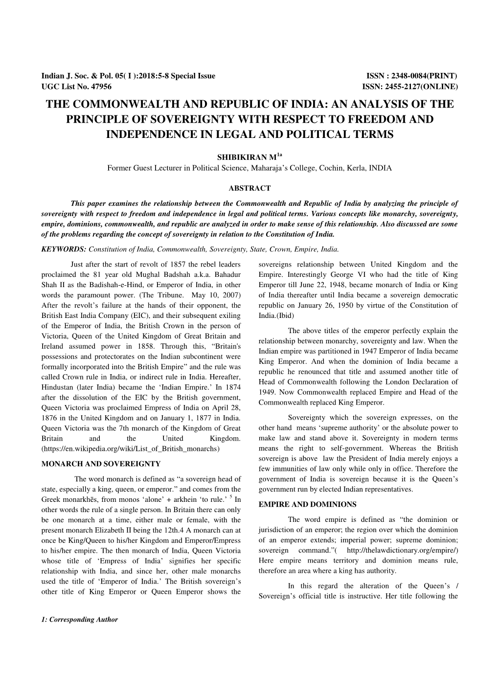 The Commonwealth and Republic of India: an Analysis of the Principle of Sovereignty with Respect to Freedom and Independence in Legal and Political Terms