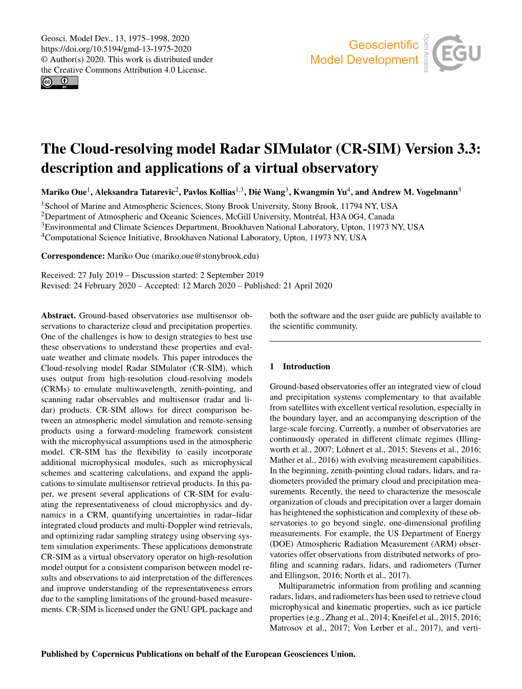 The Cloud-Resolving Model Radar Simulator (CR-SIM) Version 3.3: Description and Applications of a Virtual Observatory