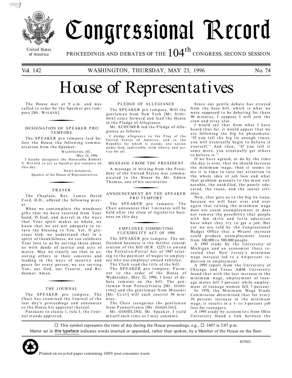 Congressional Record United States Th of America PROCEEDINGS and DEBATES of the 104 CONGRESS, SECOND SESSION