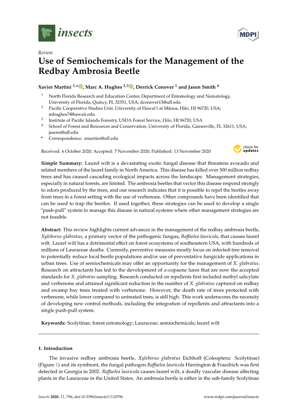 Use of Semiochemicals for the Management of the Redbay Ambrosia Beetle