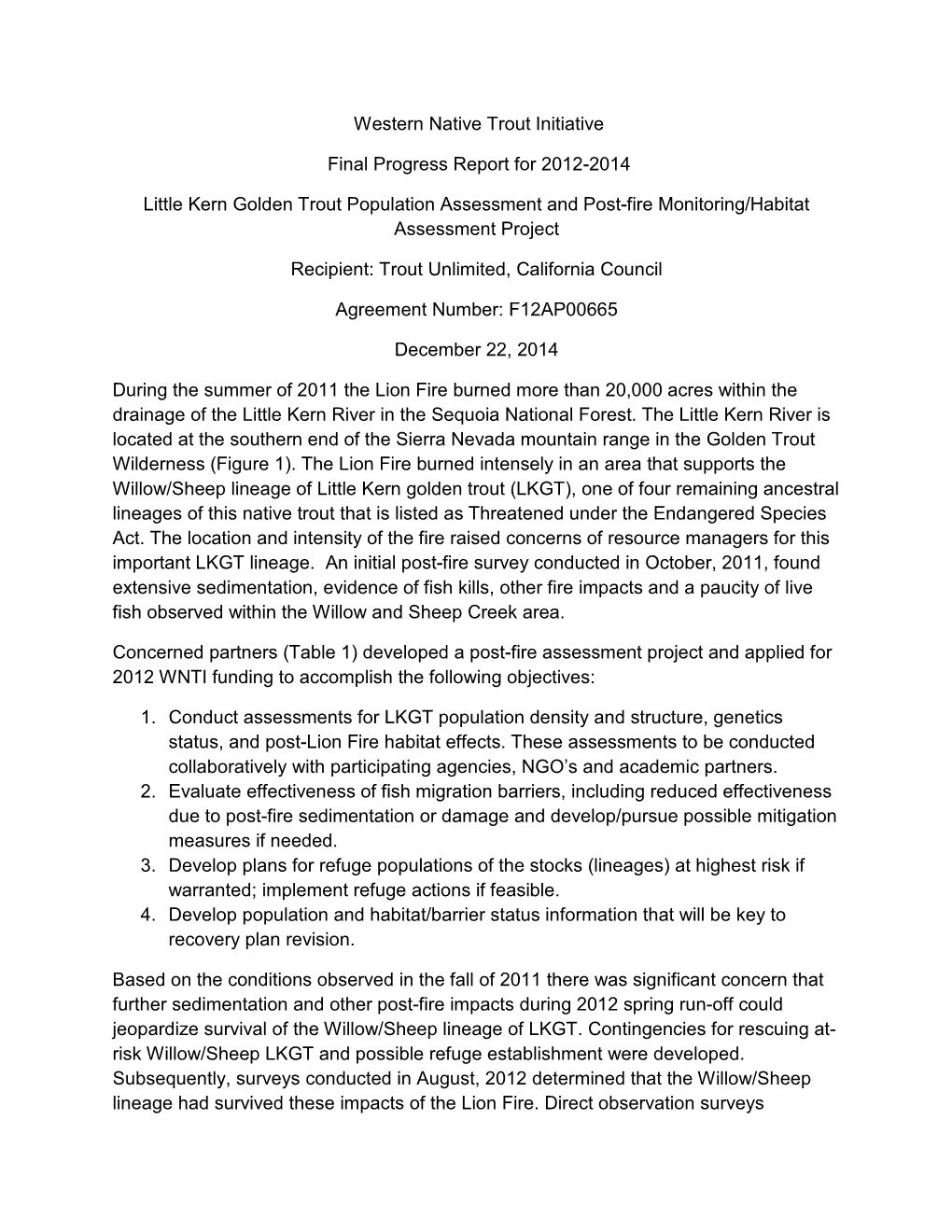 Western Native Trout Initiative Final Progress Report for 2012-2014