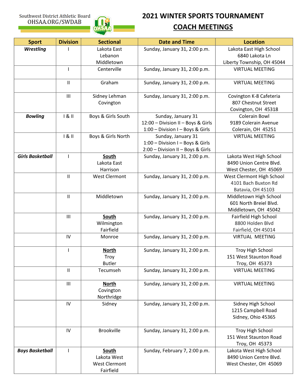 2021 Winter Sports Tournament Coach Meetings