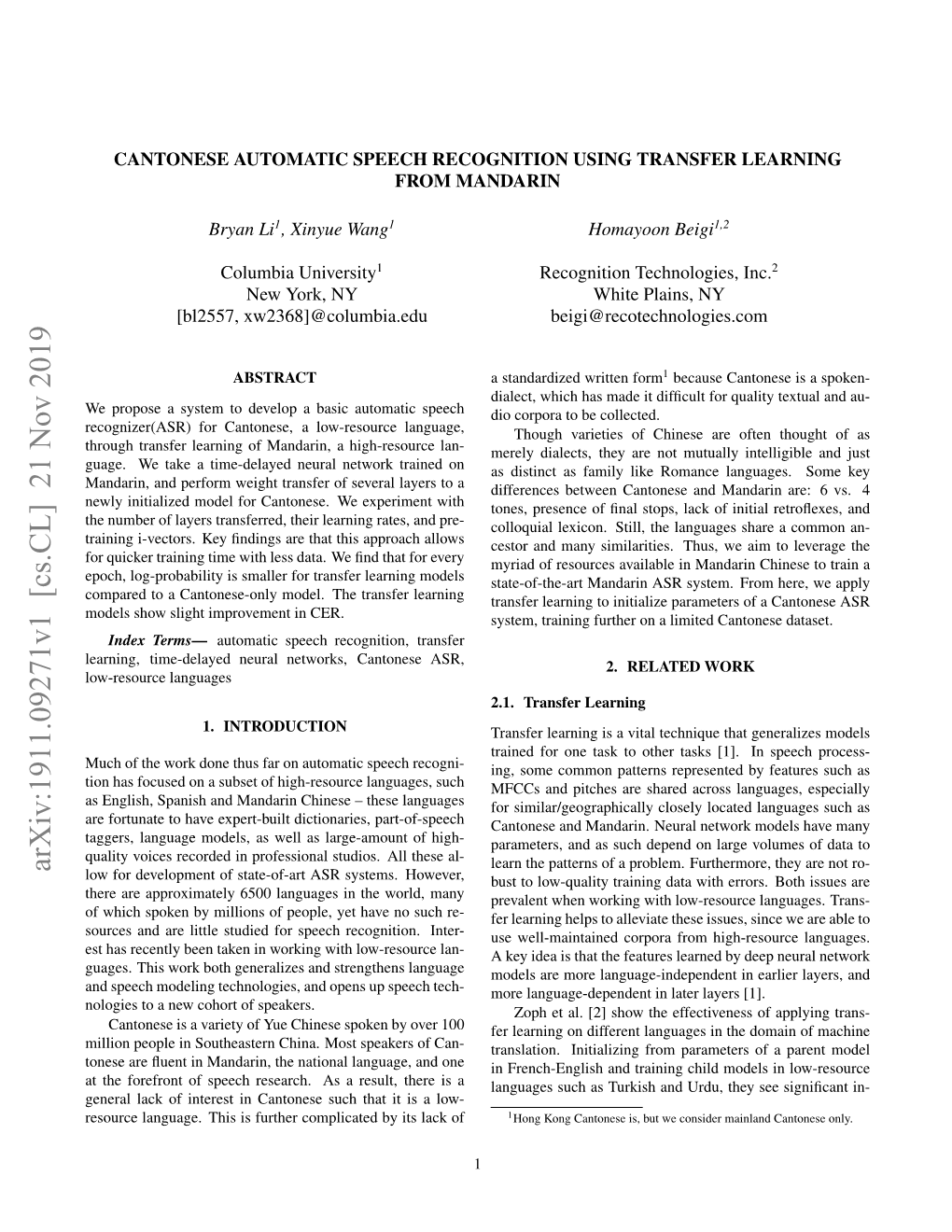 Arxiv:1911.09271V1 [Cs.CL] 21 Nov 2019 Low for Development of State-Of-Art ASR Systems