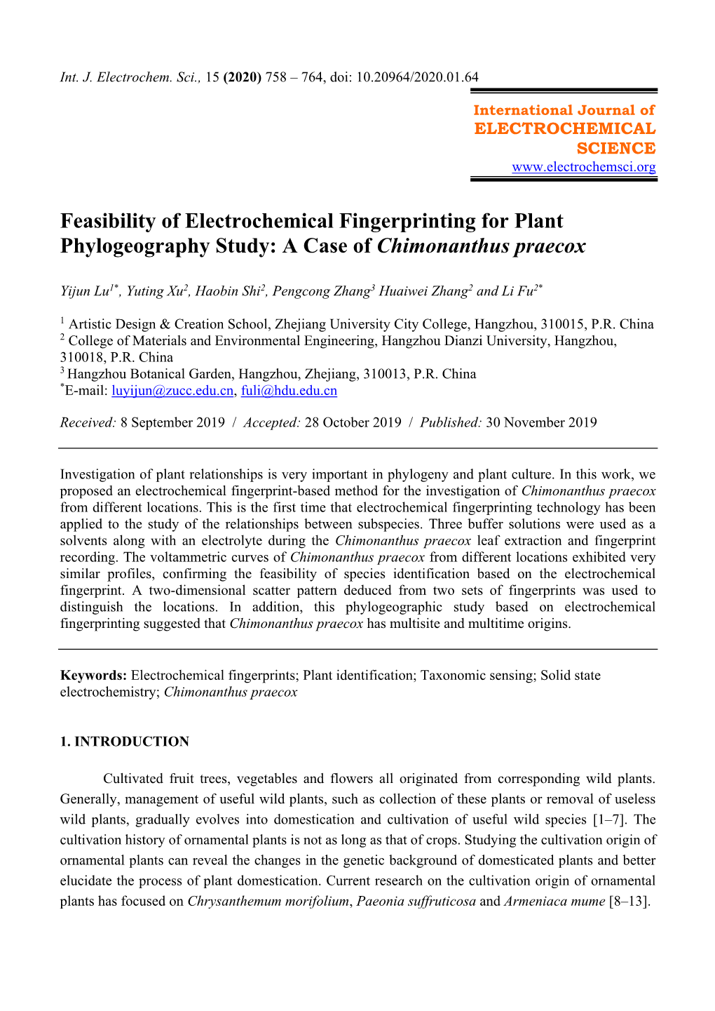 Feasibility of Electrochemical Fingerprinting for Plant Phylogeography Study: a Case of Chimonanthus Praecox