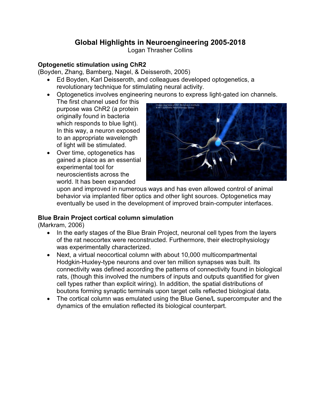 Global Highlights in Neuroengineering 2005-2018 Logan Thrasher Collins