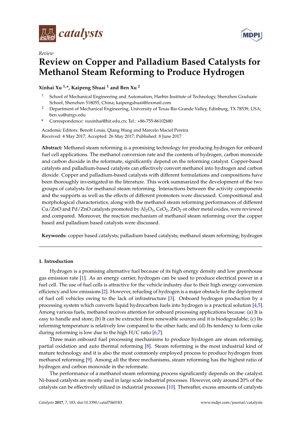 Review on Copper and Palladium Based Catalysts for Methanol Steam Reforming to Produce Hydrogen