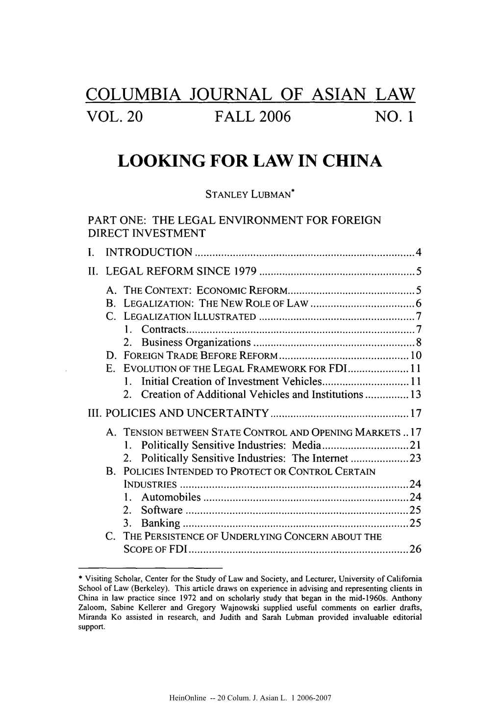 Columbia Journal of Asian Law Looking for Law in China