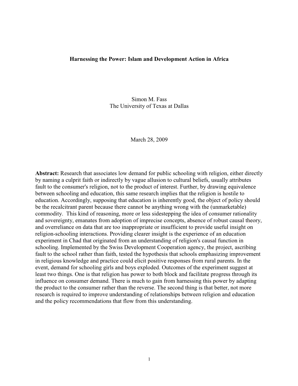 Harnessing the Power: Islam and Development Action in Africa Simon