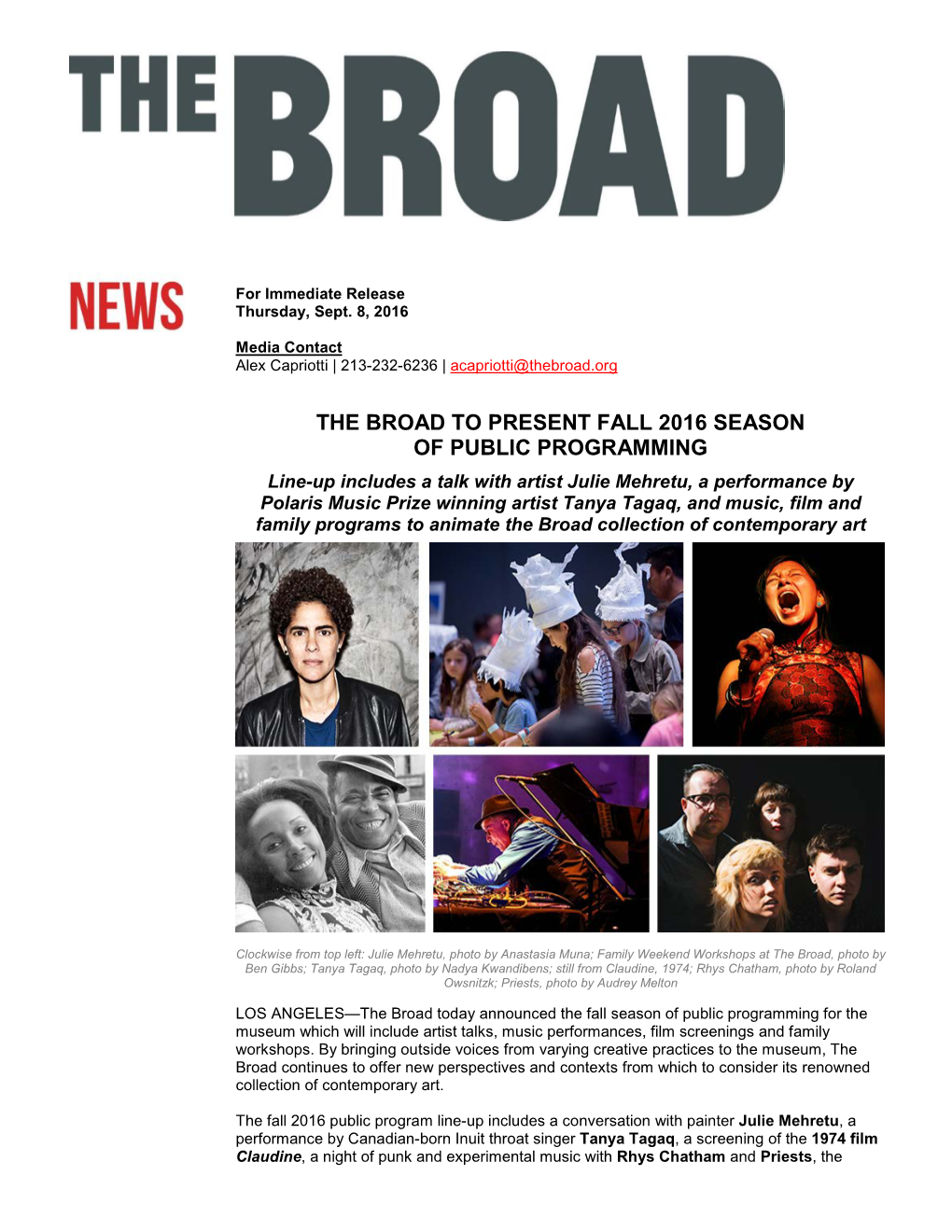 The Broad to Present Fall 2016 Season of Public Programming