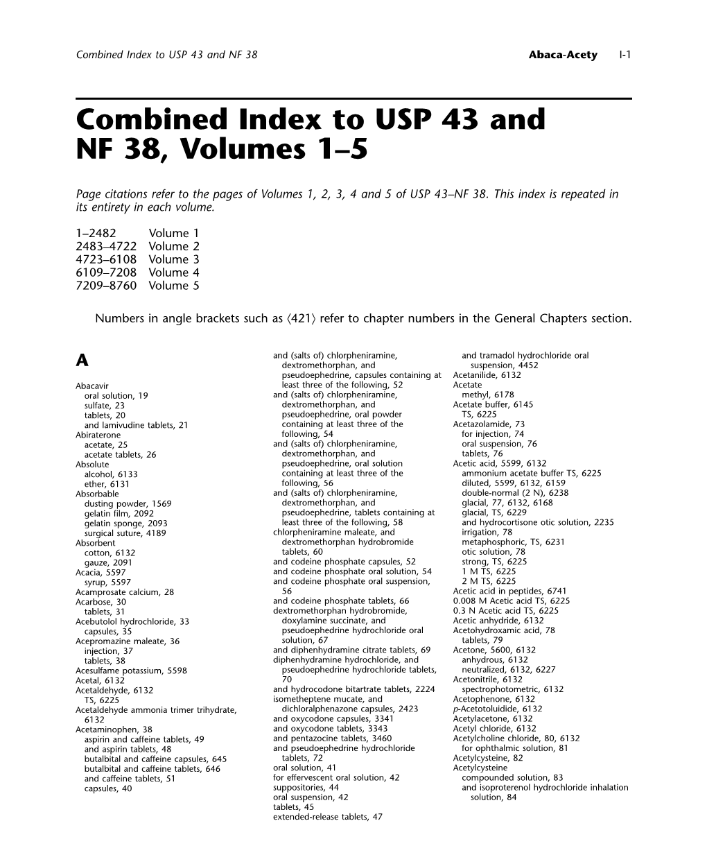 Combined Index to USP 43 and NF 38, Volumes 1–5