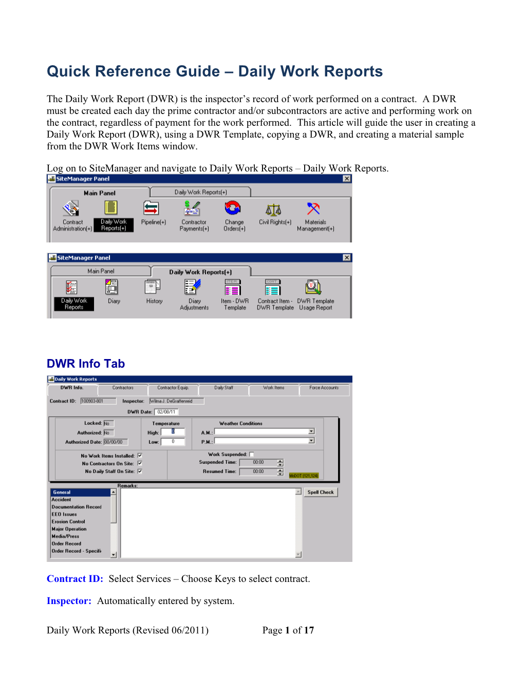 Quick Reference Guide Daily Work Reports