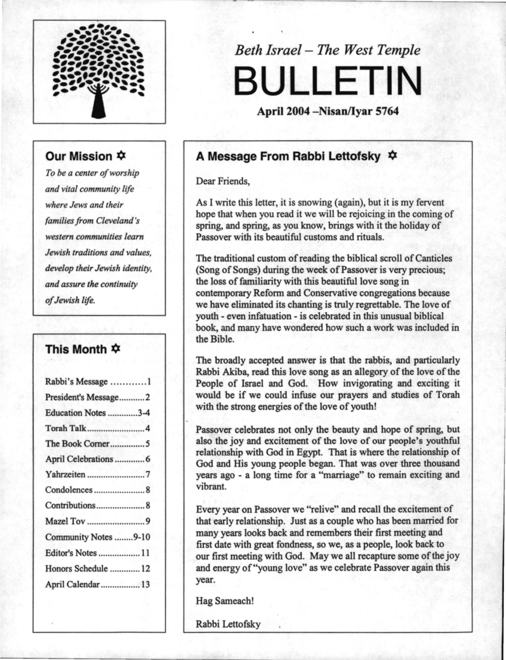 Beth Israel- the West Temple BULLETIN April 2004 -Nisanliyar 5764