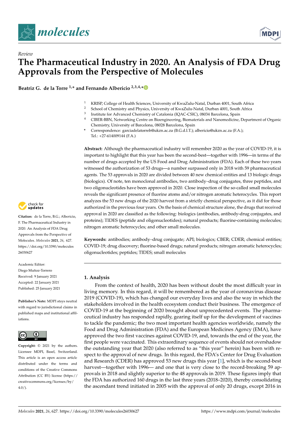 The Pharmaceutical Industry in 2020. an Analysis of FDA Drug Approvals from the Perspective of Molecules