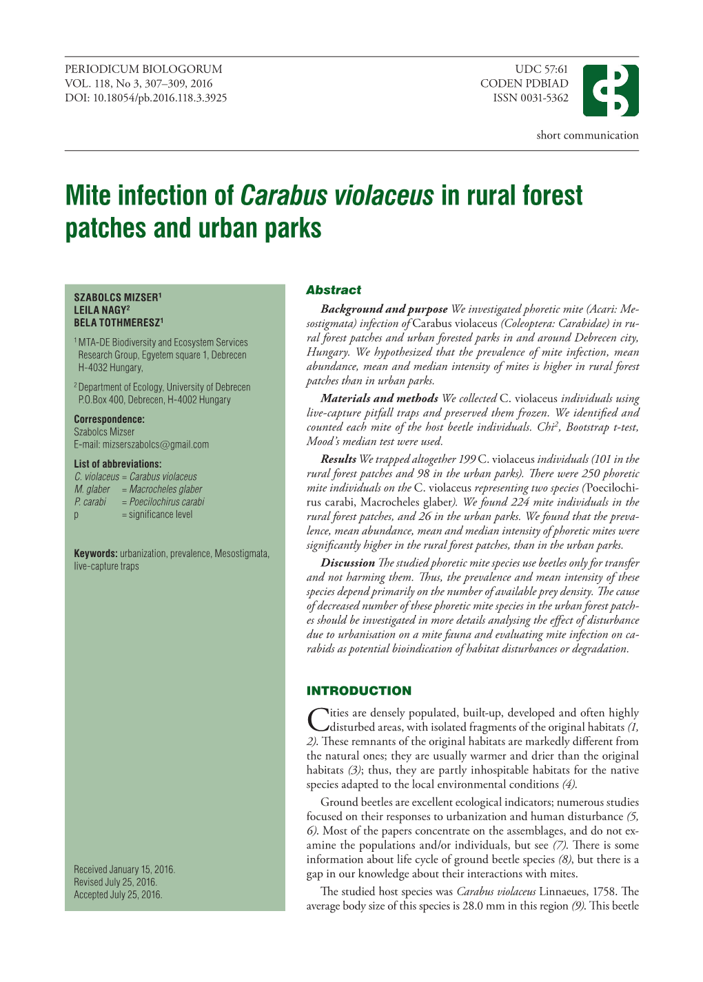 Mite Infection of Carabus Violaceus in Rural Forest Patches and Urban Parks